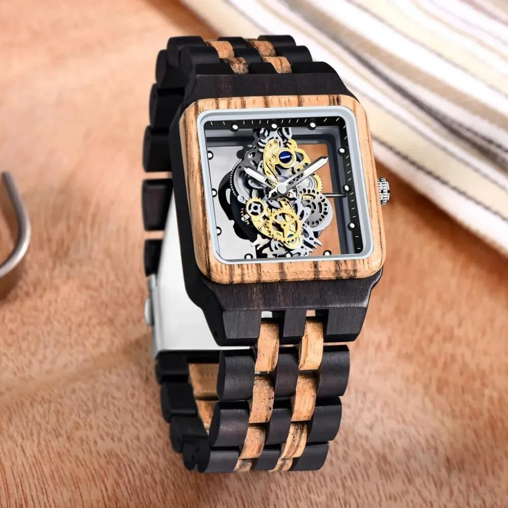 Men's Black Brown 2 Lightweight Wooden Analog Quartz Deployment Closure Watches